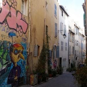 Ruelle bordée de maisons avec un streetart représentant un oiseau coiffé d'un casque et de lunettes - France  - collection de photos clin d'oeil, catégorie rues